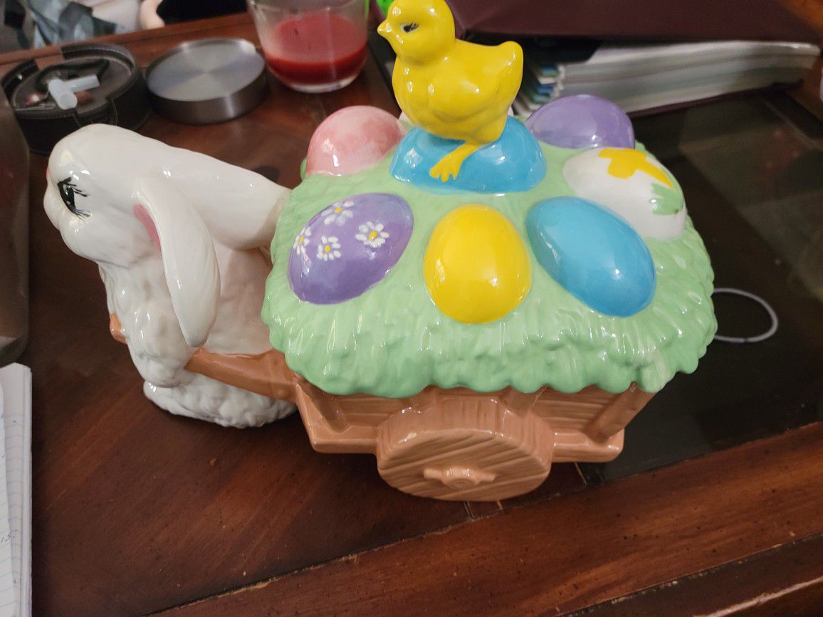 Ceramic Easter Bunny Rabbit Pulling A Cart With A Baby Chick 