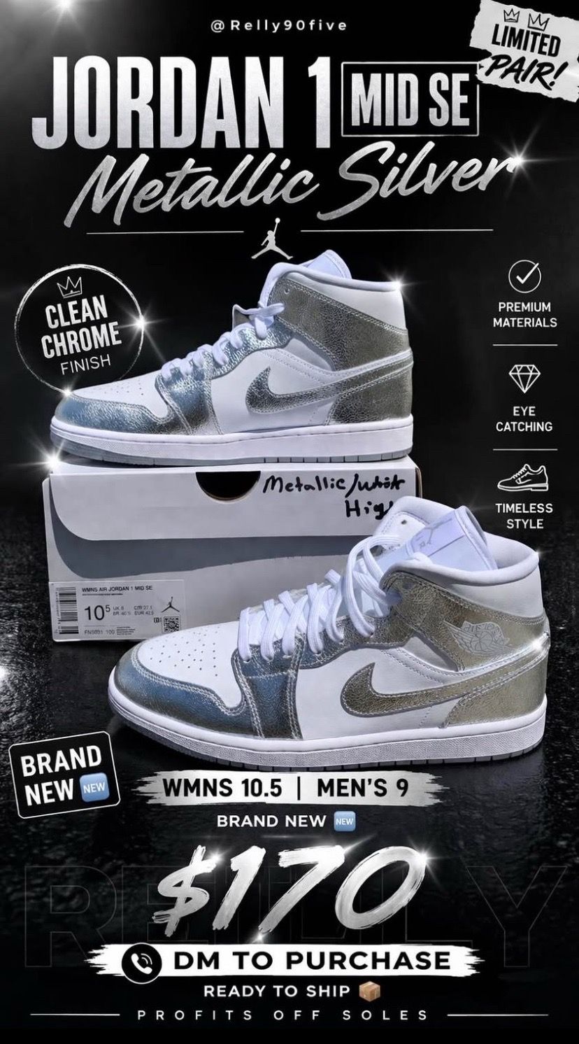 Jordan 1 mid SE Metallic Silver’ wmns size 10.5/ men’s size 9 (new)