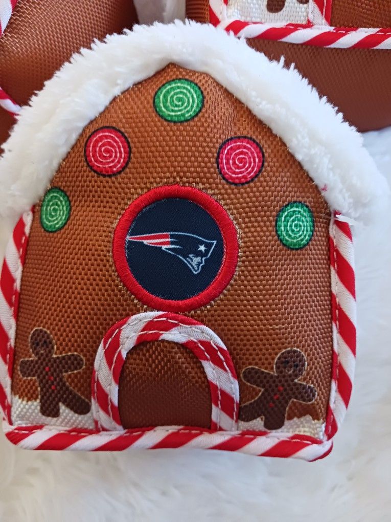 Three Gingerbread House Licensed NFL New England Patriots Christmas Dog Toy