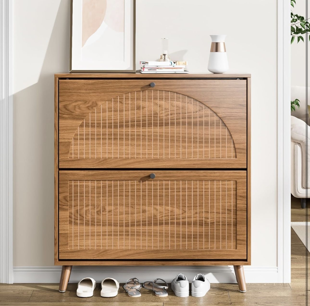 Shoe Storage Cabinet for Entryway with 2 Flip Drawers, Walnut