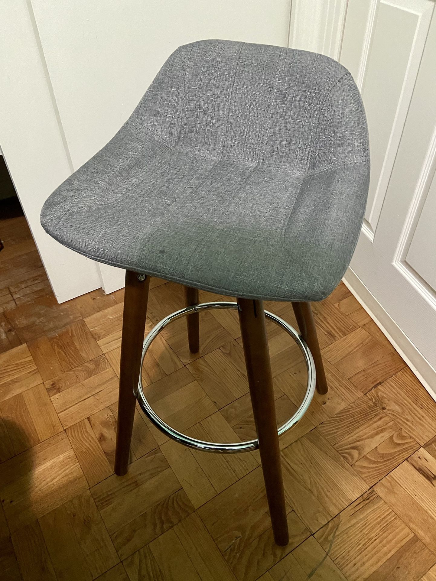 Bar Stools (4) With Grey Fabric Seat And Wooden Legs