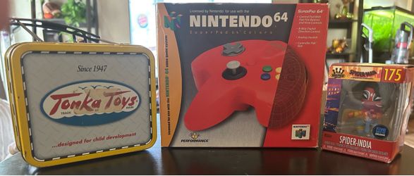 Red N64 SuperPad Box Only, Tonka Toys Mini Tin, Spider-Man (Spider-India) Mini Figure