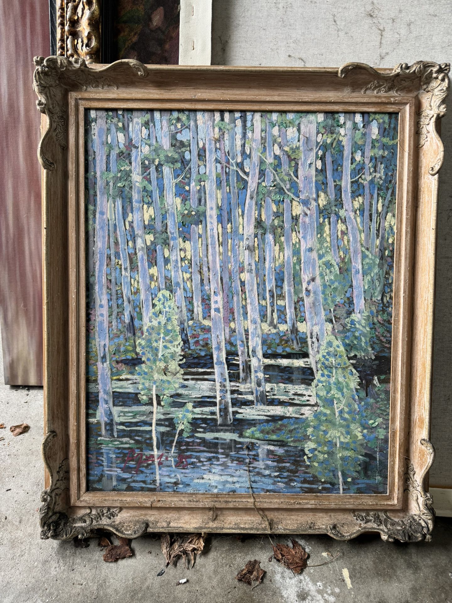 Spruces in forest oil and cardboard