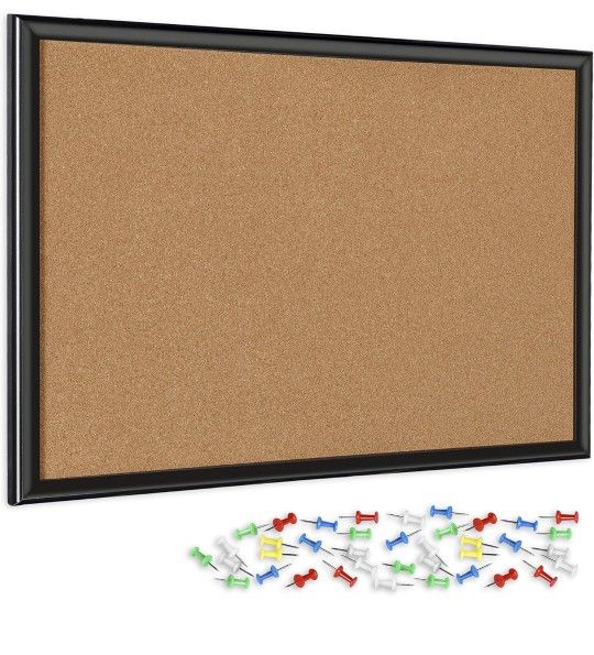 
INNOVART Cork Bulletin Board 48" X 36" with 40 Push Pins, Corkboard with Black Wood Frame, Cor
