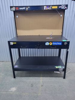 Black Metal Workbench with Pegboard Back and Drawers