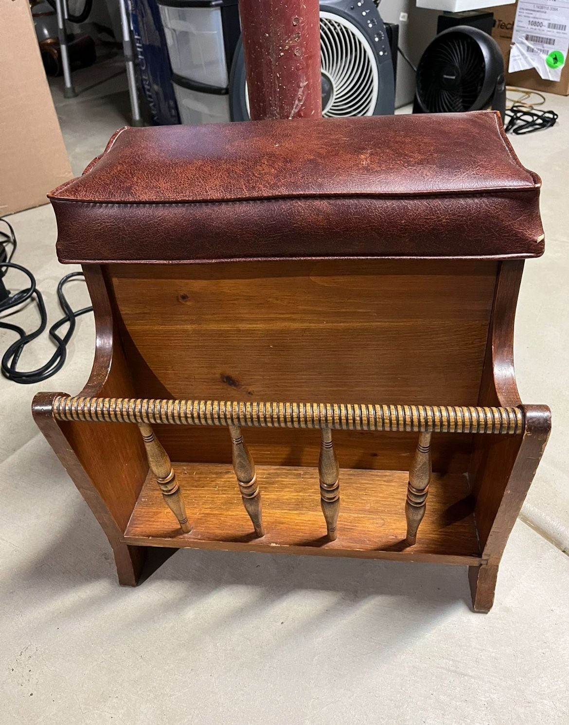 Vintage MCM Wood Vinyl Lift Top Bench Magazine Rack Holder