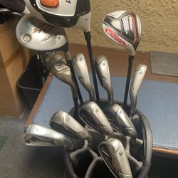 Taylormade golf clubs for man with ping putter and Nike golf bag all of them (good for the first starter )