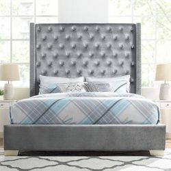Brand New Queen Bed Gray Velvet Upholstery Upholstered Bed 