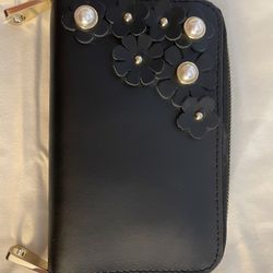 Zac Posen Eartha Indexer Zip Leather Wallet Black Pearls Flowers NWOT