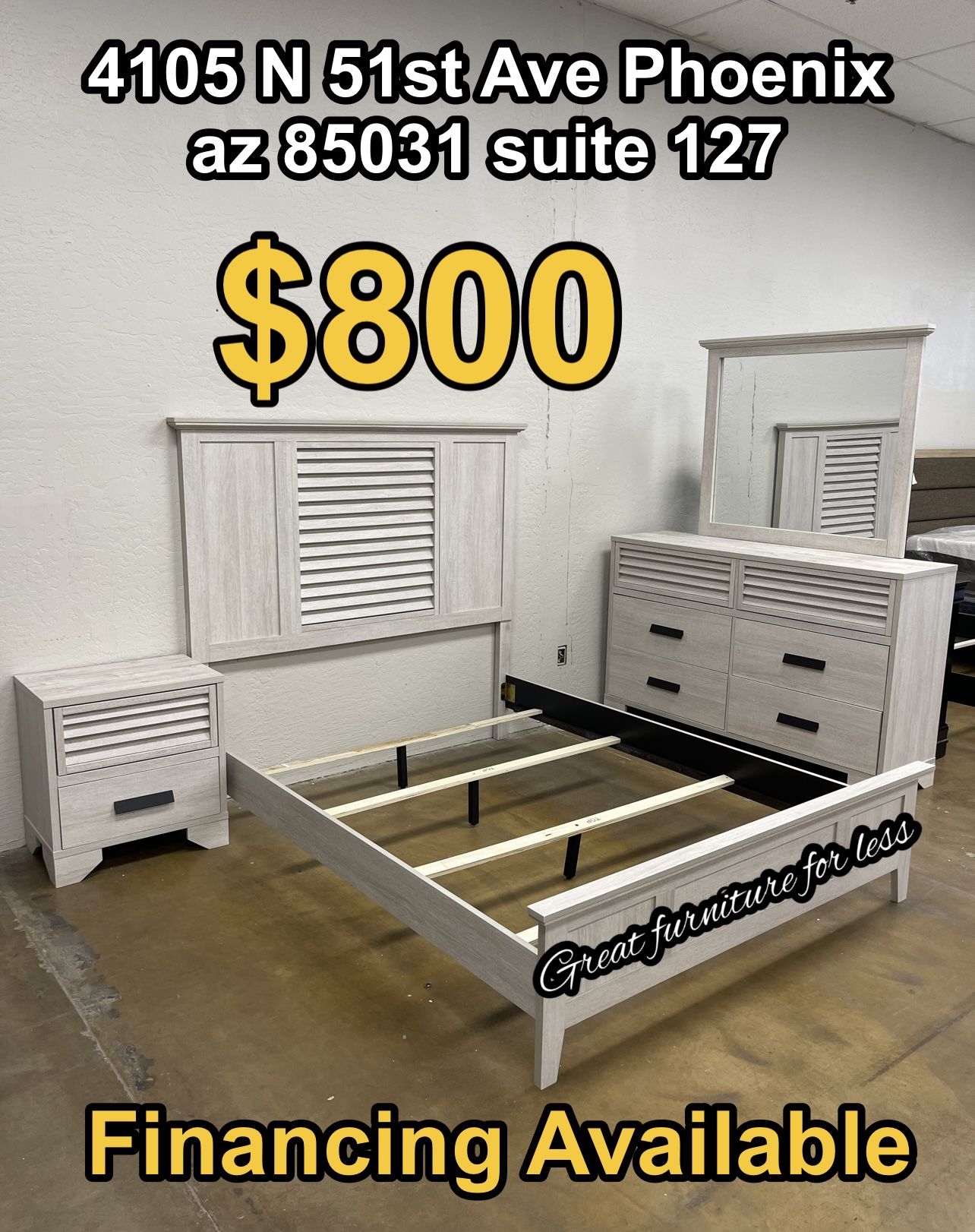 4 PCs Queen Size Bedroom Set Include Bed Frame Dresser Mirror And 1 Nightstand Brand New