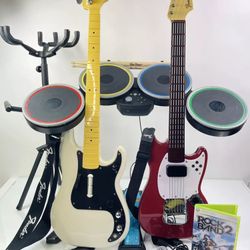 Xbox 360 Rock Band 2 Drum Set Guitar Fender Pro Bass Mustang Bundle Mic Game