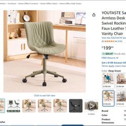 NEW YOUTASTE Deep Green Office Chair Modern Armless Desk Chair w/ Wheels Adjustable Swivel Rocking