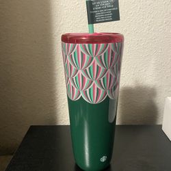 Starbucks 2024 Holiday Green Pink Metallic Tumbler Straw Lid 24 oz Tumbler NWT