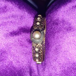 Pearls (Simulated) Inlaid In a Vintage Brass Bracelet