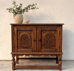 English Tudor Oak Carved Accent Cabinet
