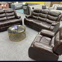 New In The Box 📦 Brown Leather Recliner Sofa Set 3pc - Delivery And Financing Available 
