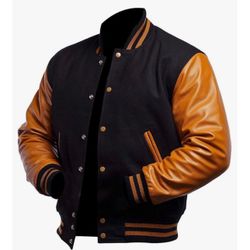 Varsity Letterman Jacket Black Wool w/ Brown Leather Sleeves Bomber Style XXS