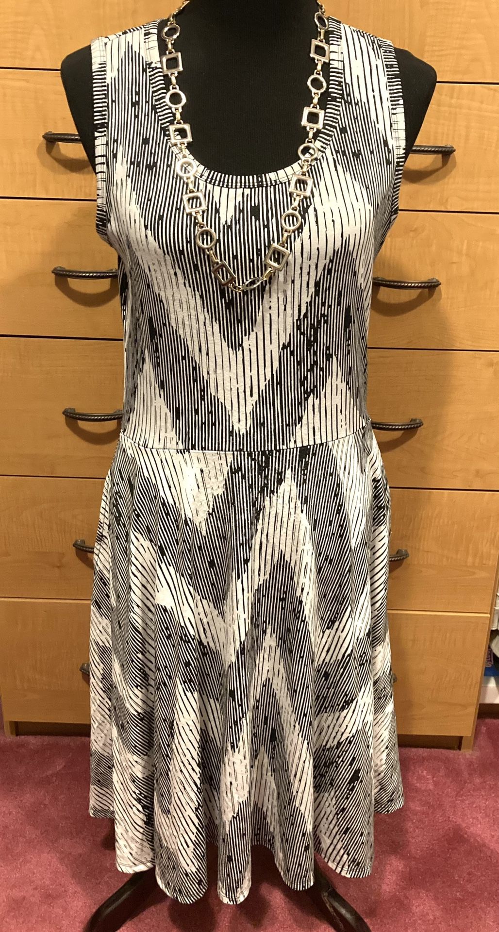 LulaRoe Black and White Geometric Dress - Comfortable Sleeveless Scoop Neck Soft Knit- M