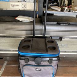 Igloo cooler on wheels with two ice packs.