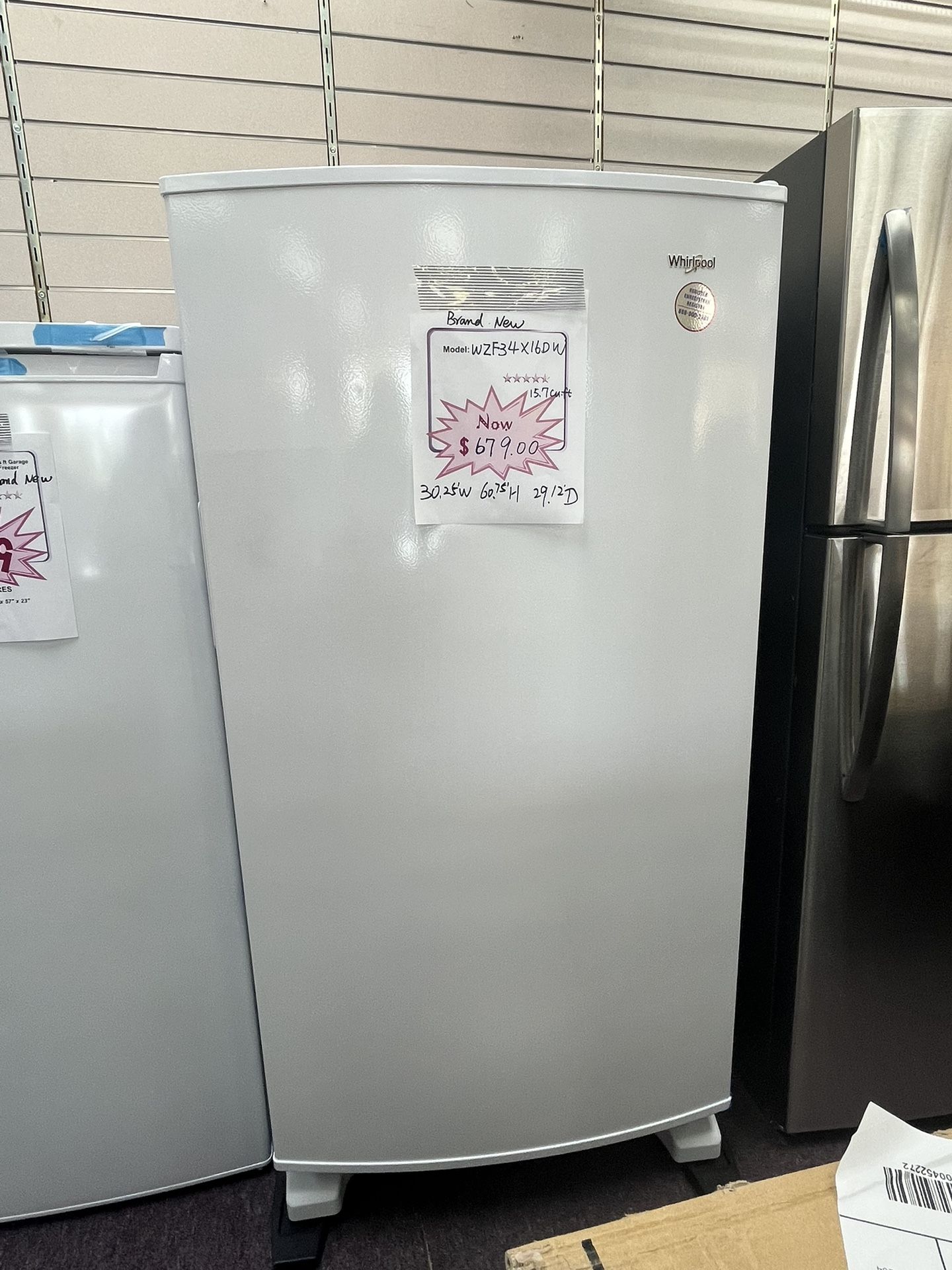 Upright Freezer, 30’ Wide Brand New Whirlpool