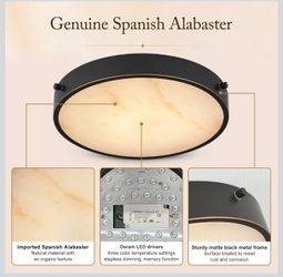 12-Inch Alabaster Flush-Mount Ceiling Light with Remote, Modern Black Spanish Marble LED Ceiling Light Fixture, ETL Listed, Stepless Dimmable 2700K–50
