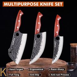 3PCS Hand Forged Butcher Knifes Set Razor Sharp Serbian Chef Knife Meat Cleaver Boning Knife Kitchen Set for Meat Cutting Cooking BBQ Gift for Men Wom