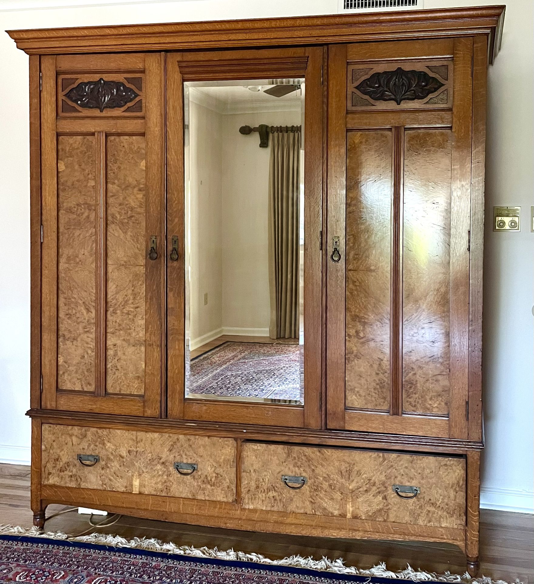 Antique Armoire, English Oak/Inlaid Burlwood