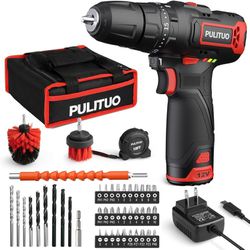 PULITUO Cordless Drill Driver Set, 12V Electric Power Hand Drill Torque 310In.lbs with 21+1& Impact Level Setting, 3/8” Keyless Chuck, 2 Variable Spee