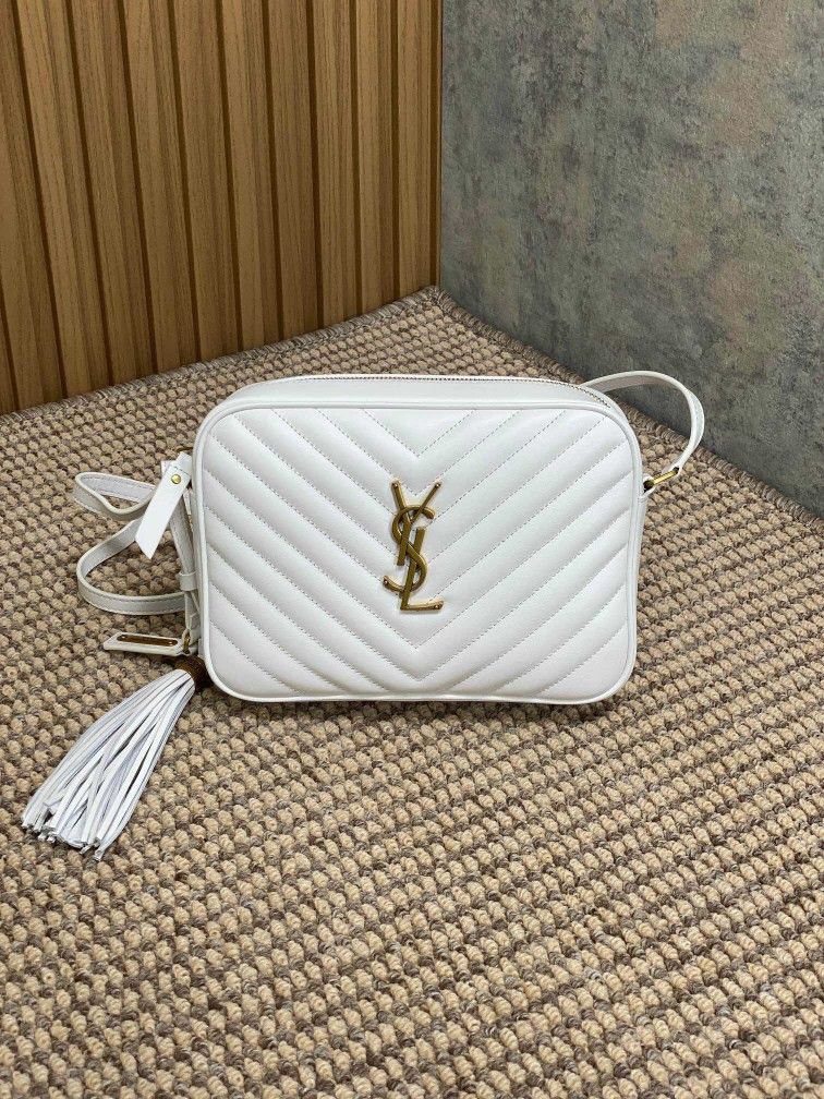 YSL Saint Laurent Lou Quilted Calfskin Leather Light Beige Camera Bag