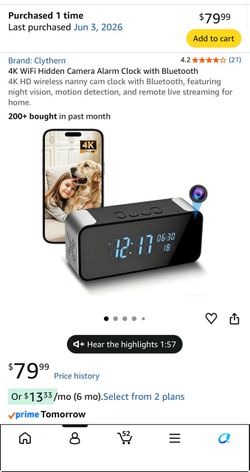 Clythern 4K WiFi Hidden Camera Alarm Clock