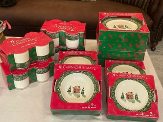 New Boxed sets of Cabin Christmas Dinner Plates, Salad Plates, Soup Bowls, and Mugs