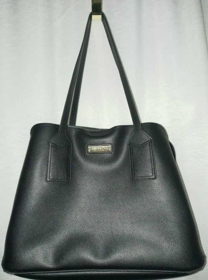 London Fog Shoulder Bag BLACK Handbag Faux Leather 3 Compartment Purse Women