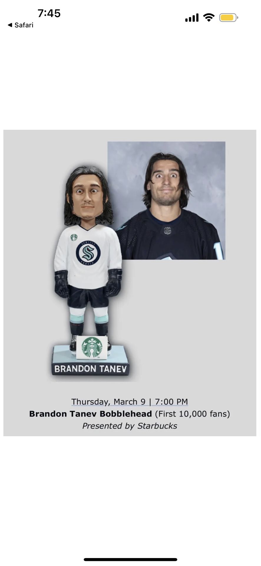 The Seattle Kraken will be handing out this Brandon Tanev bobblehead to the  first 10,000 fans showing up for Thursday's…