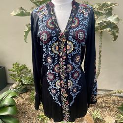 Johnny Was Satin & Embroidered Tunic Top, Size Small NEW WITH TAGS