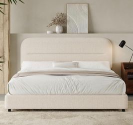 Full Size Boucle Bed Frame, Upholstered Bed with Thickened Footboard, Soft Rounded Corners, No Box Spring, NEW