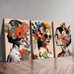 Women colorful floral Canvas 3 piece Wall Art Girl and Print Poster Abstract Floral Painting Wall Decor for Living Room Bedroom Hallway Framd(60x90cm)