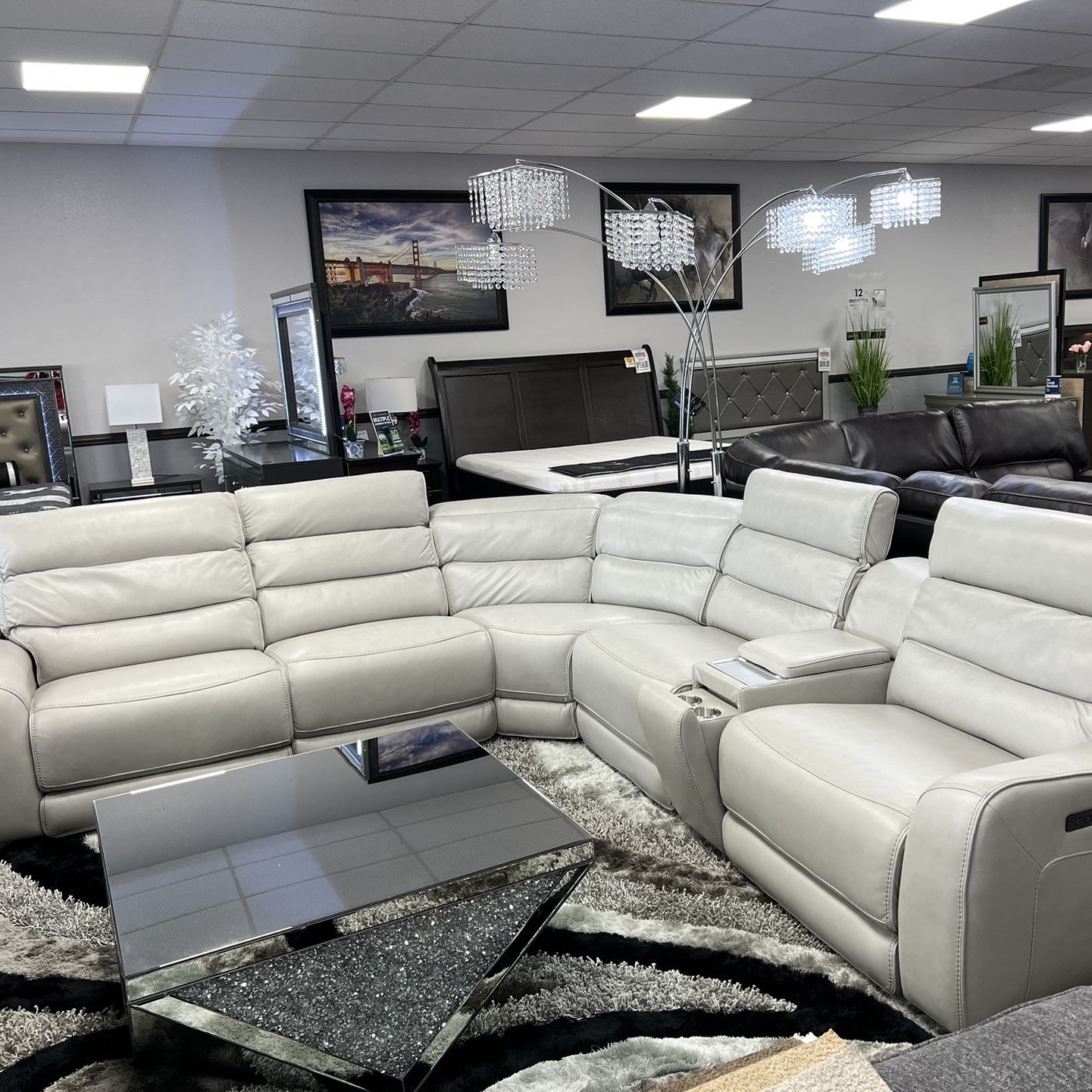 Light Gray Leather Sofa Sectional w/ Wireless Charger & Power Motion Recliners & Adjustable Head Rest 