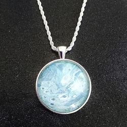 Sterling silver blue acrylic paint pour 20" necklace NEW unique handmade