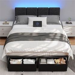 Dyzmo Full Size Upholstered Bed Frame with 2 Storage Drawers Modern Platform Bed with Charging Station & LED Light New in Box