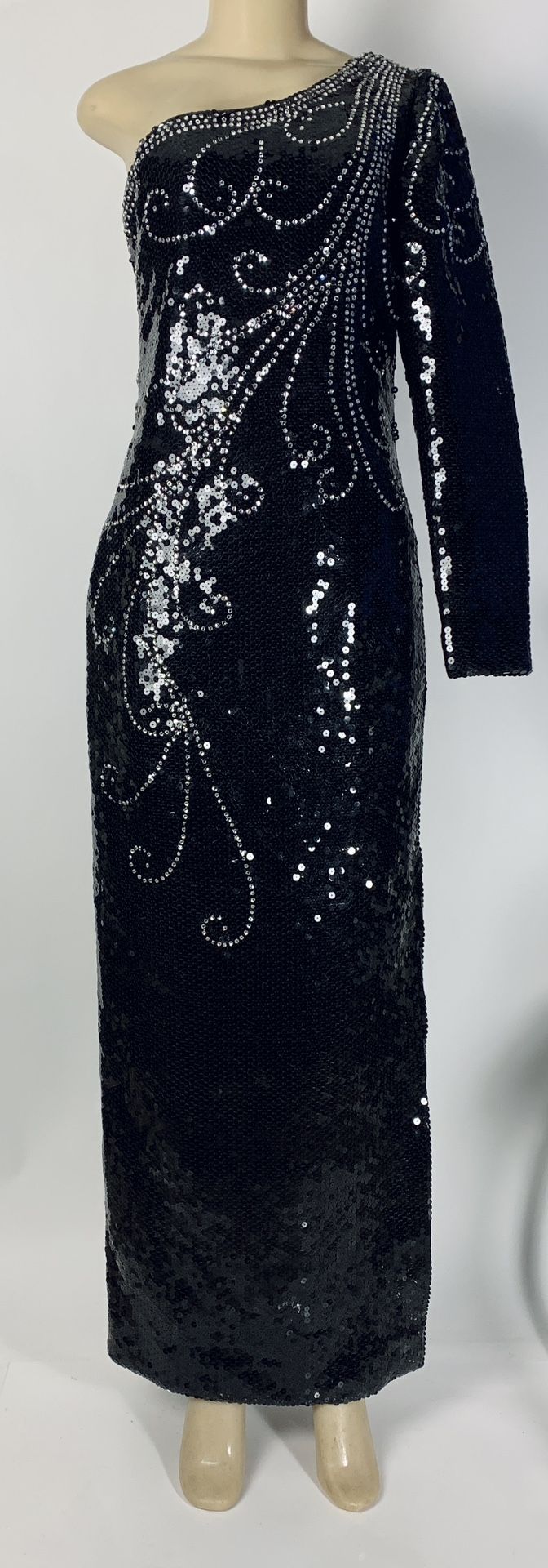 Rose Taft Silver Trim Black Off-Shoulder Sequin FORMAL DRESS-EVENING NIGHTGOWN!!