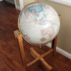 World Globe In Oak And Brass Stand