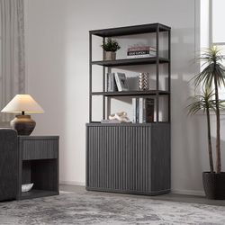 Book Shelf Fluted Bookshelf 71" Tall Bookcase with Doors Storage 5 Tier Mid Century Modern Bookshelves Large Shelves Metal Book Cases for Living Room 