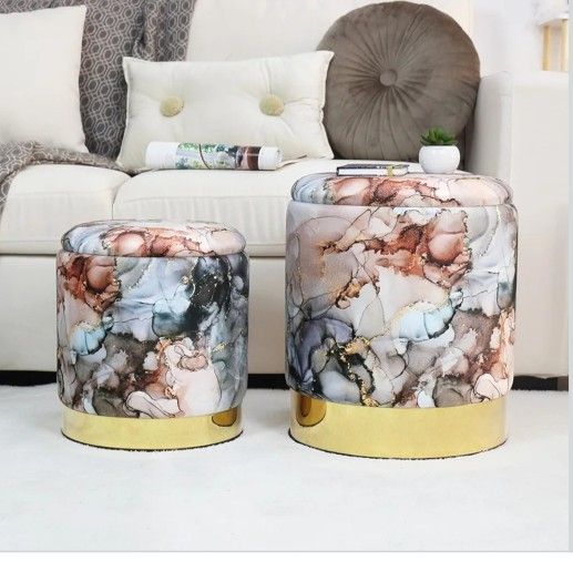 ✨ Brand New Marble-Design Storage Ottomans (Set of 2) – Stylish & Functional ✨
