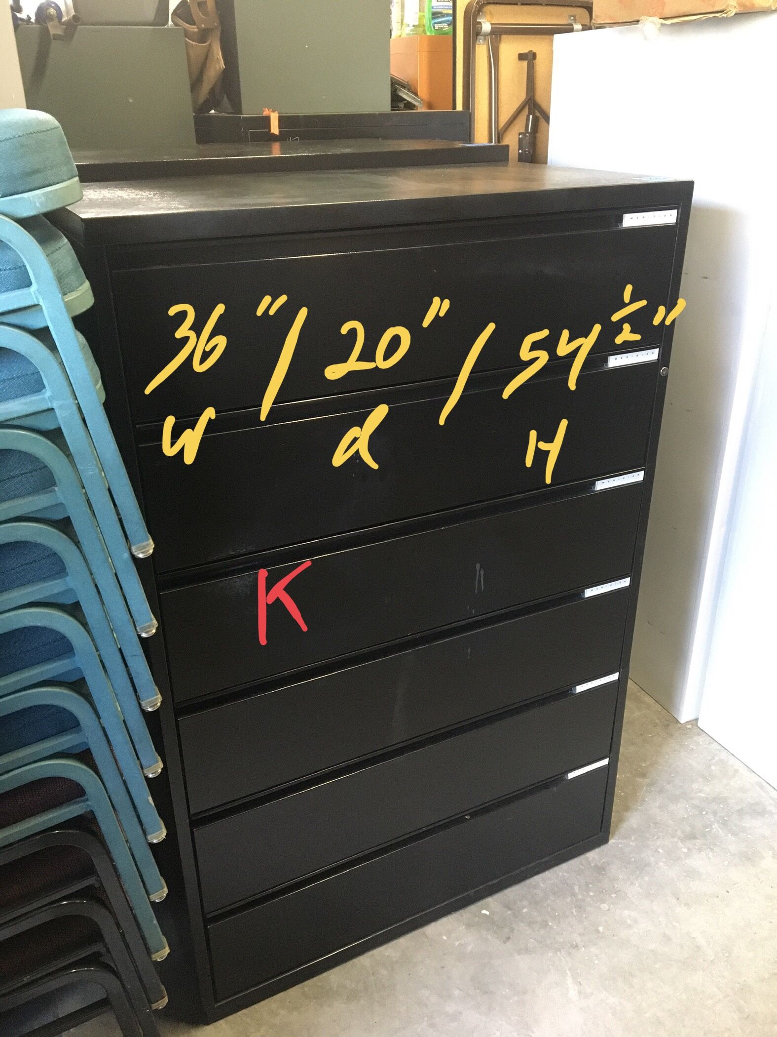 6 drawer lateral filing cabinet with key…. 36”w x 20”d x 54 1/2” t