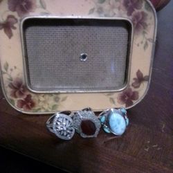 Antique Small Picture Frame And 3 Very Special Unique Silver Rings 
