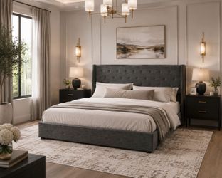 King bed Lift Up Storage Bed Frame,Button Tufted Wingback Headboard,Upholstered Platform,Hydraulic Storage,Wooden Slat Support,No Box Spring,Dark Grey