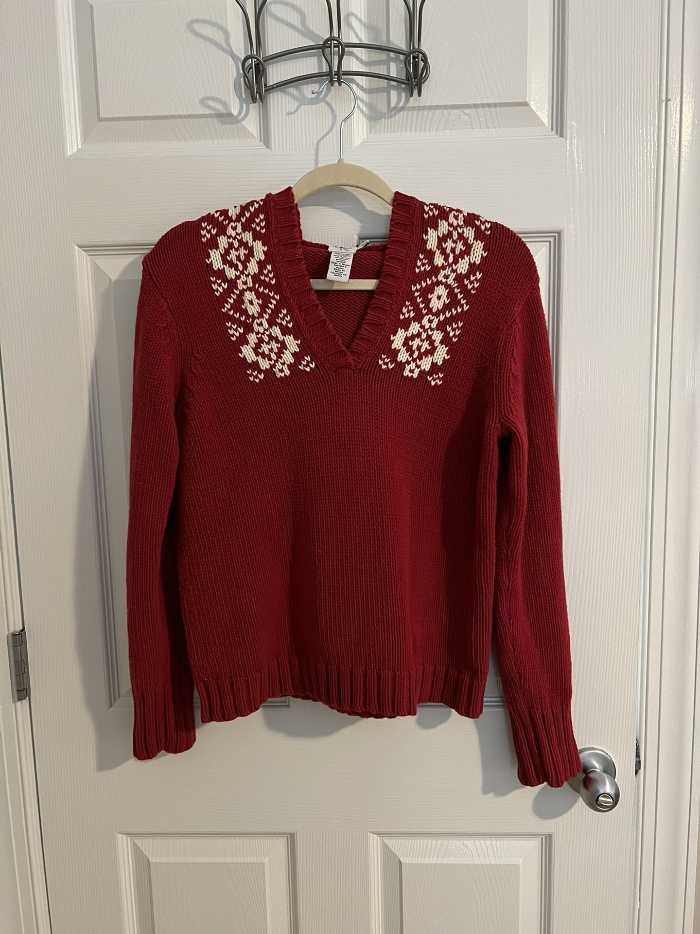 CK jeans Calvin Klein Red Sweater Hoodie Cotton White Fair Isle Style Medium Pit to pit 19.5” Length shoulder seam to hem 22.5” Please see all phot