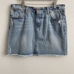 POLO JEANS CO. Vintage 90s Light Wash Denim Distressed Raw Hem Gigi Mini Skirt