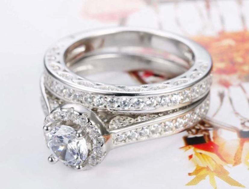 Solid 925 2pc Engagement Wedding Ring Set