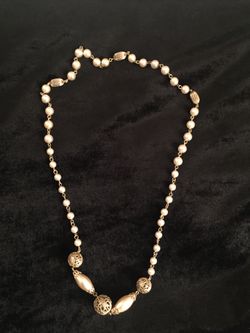 Faux Pearl Necklace with Goldtone Beads 12” Long